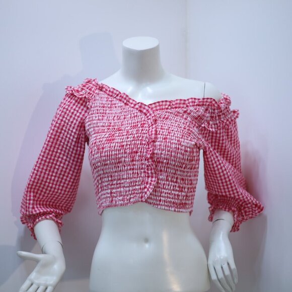 Zara Red & White Stretchy Gingham Top Size L NWT - Picture 5 of 7